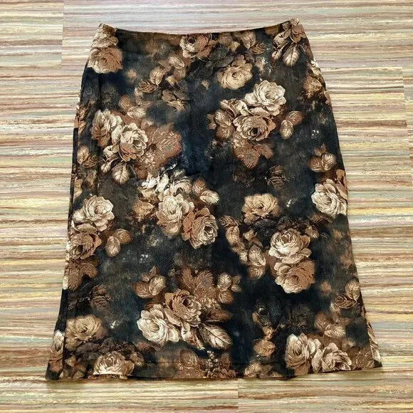 Autumn Rose Knee Length Skirt Vintage 90s Louben Neutral Brown Made in Canada - Picture 5 of 5